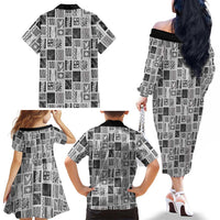 Vintage Aloha Block Quilt Family Matching Off The Shoulder Long Sleeve Dress and Hawaiian Shirt Black Inspired Lei Motifs - Polynesian Pride