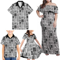 Vintage Aloha Block Quilt Family Matching Off Shoulder Maxi Dress and Hawaiian Shirt Black Inspired Lei Motifs - Polynesian Pride