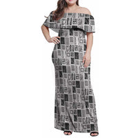 Vintage Aloha Block Quilt Family Matching Off Shoulder Maxi Dress and Hawaiian Shirt Black Inspired Lei Motifs - Polynesian Pride
