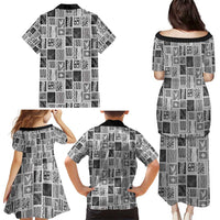 Vintage Aloha Block Quilt Family Matching Puletasi and Hawaiian Shirt Black Inspired Lei Motifs - Polynesian Pride