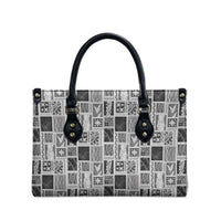 Vintage Aloha Block Quilt Leather Bag Black Inspired Lei Motifs - Polynesian Pride