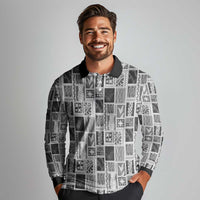 Vintage Aloha Block Quilt Long Sleeve Polo Shirt Black Inspired Lei Motifs - Polynesian Pride