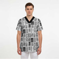 Vintage Aloha Block Quilt Scrub Top Black Inspired Lei Motifs - Polynesian Pride