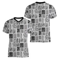 Vintage Aloha Block Quilt Women V-Neck T-Shirt Black Inspired Lei Motifs LT9 - Polynesian Pride