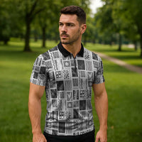 Vintage Aloha Block Quilt Zipper Polo Shirt Black Inspired Lei Motifs - Polynesian Pride