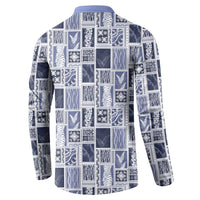 Vintage Aloha Block Quilt Button Sweatshirt Blue Inspired Lei Motifs - Polynesian Pride