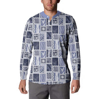 Vintage Aloha Block Quilt Button Sweatshirt Blue Inspired Lei Motifs - Polynesian Pride