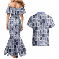Vintage Aloha Block Quilt Couples Matching Mermaid Dress and Hawaiian Shirt Blue Inspired Lei Motifs - Polynesian Pride