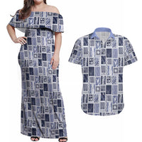 Vintage Aloha Block Quilt Couples Matching Off Shoulder Maxi Dress and Hawaiian Shirt Blue Inspired Lei Motifs - Polynesian Pride