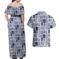 Vintage Aloha Block Quilt Couples Matching Off Shoulder Maxi Dress and Hawaiian Shirt Blue Inspired Lei Motifs - Polynesian Pride