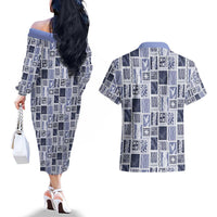 Vintage Aloha Block Quilt Couples Matching Off The Shoulder Long Sleeve Dress and Hawaiian Shirt Blue Inspired Lei Motifs - Polynesian Pride
