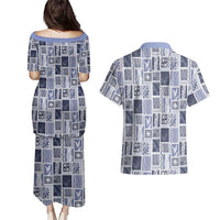 Vintage Aloha Block Quilt Couples Matching Puletasi and Hawaiian Shirt Blue Inspired Lei Motifs - Polynesian Pride