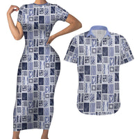 Vintage Aloha Block Quilt Couples Matching Short Sleeve Bodycon Dress and Hawaiian Shirt Blue Inspired Lei Motifs - Polynesian Pride