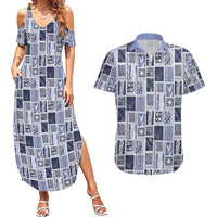 Vintage Aloha Block Quilt Couples Matching Summer Maxi Dress and Hawaiian Shirt Blue Inspired Lei Motifs - Polynesian Pride