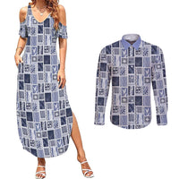 Vintage Aloha Block Quilt Couples Matching Summer Maxi Dress and Long Sleeve Button Shirt Blue Inspired Lei Motifs - Polynesian Pride