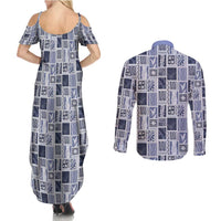 Vintage Aloha Block Quilt Couples Matching Summer Maxi Dress and Long Sleeve Button Shirt Blue Inspired Lei Motifs - Polynesian Pride