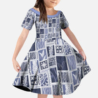 Vintage Aloha Block Quilt Family Matching Off The Shoulder Long Sleeve Dress and Hawaiian Shirt Blue Inspired Lei Motifs - Polynesian Pride