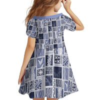 Vintage Aloha Block Quilt Family Matching Off The Shoulder Long Sleeve Dress and Hawaiian Shirt Blue Inspired Lei Motifs - Polynesian Pride