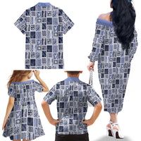 Vintage Aloha Block Quilt Family Matching Off The Shoulder Long Sleeve Dress and Hawaiian Shirt Blue Inspired Lei Motifs - Polynesian Pride