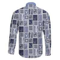 Vintage Aloha Block Quilt Family Matching Off The Shoulder Long Sleeve Dress and Hawaiian Shirt Blue Inspired Lei Motifs - Polynesian Pride