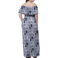 Vintage Aloha Block Quilt Family Matching Off Shoulder Maxi Dress and Hawaiian Shirt Blue Inspired Lei Motifs - Polynesian Pride