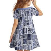 Vintage Aloha Block Quilt Family Matching Off Shoulder Short Dress and Hawaiian Shirt Blue Inspired Lei Motifs - Polynesian Pride