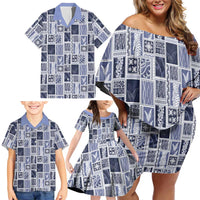 Vintage Aloha Block Quilt Family Matching Off Shoulder Short Dress and Hawaiian Shirt Blue Inspired Lei Motifs - Polynesian Pride