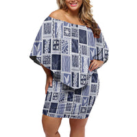 Vintage Aloha Block Quilt Family Matching Off Shoulder Short Dress and Hawaiian Shirt Blue Inspired Lei Motifs - Polynesian Pride