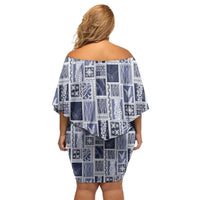 Vintage Aloha Block Quilt Family Matching Off Shoulder Short Dress and Hawaiian Shirt Blue Inspired Lei Motifs - Polynesian Pride