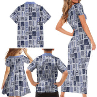 Vintage Aloha Block Quilt Family Matching Short Sleeve Bodycon Dress and Hawaiian Shirt Blue Inspired Lei Motifs - Polynesian Pride