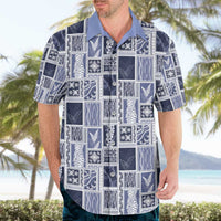 Vintage Aloha Block Quilt Hawaiian Shirt Blue Inspired Lei Motifs - Polynesian Pride
