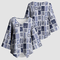 Vintage Aloha Block Quilt Kimono Sleeve Blouse Blue Inspired Lei Motifs - Polynesian Pride