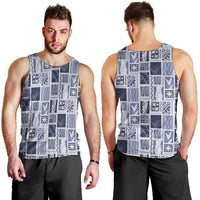 Vintage Aloha Block Quilt Men Tank Top Blue Inspired Lei Motifs - Polynesian Pride