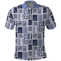 Vintage Aloha Block Quilt Polo Shirt Blue Inspired Lei Motifs - Polynesian Pride