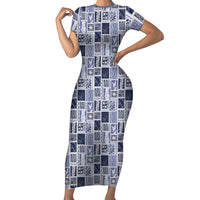 Vintage Aloha Block Quilt Short Sleeve Bodycon Dress Blue Inspired Lei Motifs LT9 Long Dress Blue - Polynesian Pride