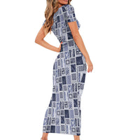 Vintage Aloha Block Quilt Short Sleeve Bodycon Dress Blue Inspired Lei Motifs LT9 - Polynesian Pride