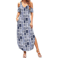 Vintage Aloha Block Quilt Summer Maxi Dress Blue Inspired Lei Motifs - Polynesian Pride