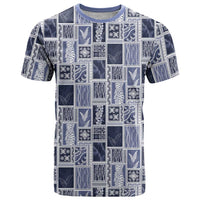Vintage Aloha Block Quilt T Shirt Blue Inspired Lei Motifs LT9 Blue - Polynesian Pride