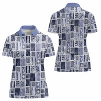 Vintage Aloha Block Quilt Women Polo Shirt Blue Inspired Lei Motifs - Polynesian Pride