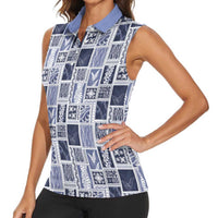 Vintage Aloha Block Quilt Women Sleeveless Polo Shirt Blue Inspired Lei Motifs - Polynesian Pride