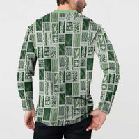 Vintage Aloha Block Quilt Button Sweatshirt Green Inspired Lei Motifs - Polynesian Pride