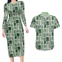 Vintage Aloha Block Quilt Couples Matching Long Sleeve Bodycon Dress and Hawaiian Shirt Green Inspired Lei Motifs - Polynesian Pride