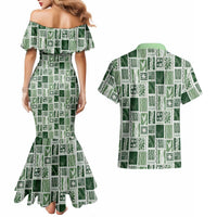Vintage Aloha Block Quilt Couples Matching Mermaid Dress and Hawaiian Shirt Green Inspired Lei Motifs - Polynesian Pride