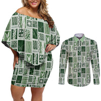 Vintage Aloha Block Quilt Couples Matching Off Shoulder Short Dress and Long Sleeve Button Shirt Green Inspired Lei Motifs - Polynesian Pride