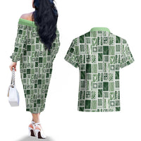 Vintage Aloha Block Quilt Couples Matching Off The Shoulder Long Sleeve Dress and Hawaiian Shirt Green Inspired Lei Motifs - Polynesian Pride