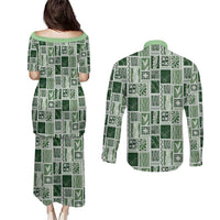 Vintage Aloha Block Quilt Couples Matching Puletasi and Long Sleeve Button Shirt Green Inspired Lei Motifs - Polynesian Pride
