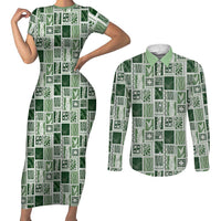 Vintage Aloha Block Quilt Couples Matching Short Sleeve Bodycon Dress and Long Sleeve Button Shirt Green Inspired Lei Motifs - Polynesian Pride