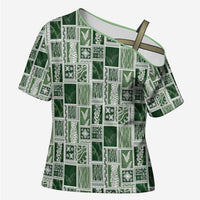 Vintage Aloha Block Quilt Cross Shoulder Shirt Green Inspired Lei Motifs - Polynesian Pride