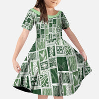 Vintage Aloha Block Quilt Family Matching Long Sleeve Bodycon Dress and Hawaiian Shirt Green Inspired Lei Motifs - Polynesian Pride