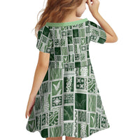 Vintage Aloha Block Quilt Family Matching Long Sleeve Bodycon Dress and Hawaiian Shirt Green Inspired Lei Motifs - Polynesian Pride